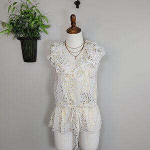 Robert Rodriguez V Neck Silk Ruffle Sleeveless Peplum Tie Gold Dot Blouse Top 4